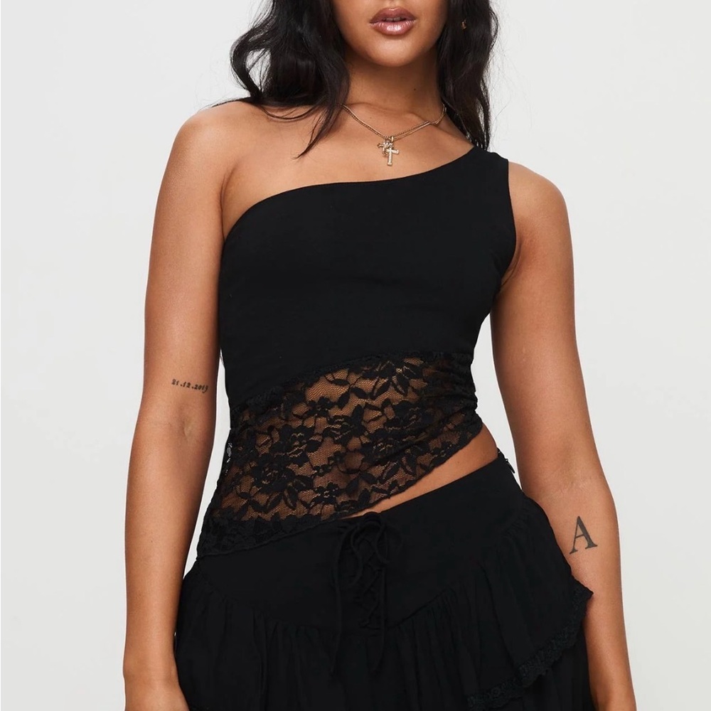 Princess Polly Black Lace One-Shoulder Crop Top